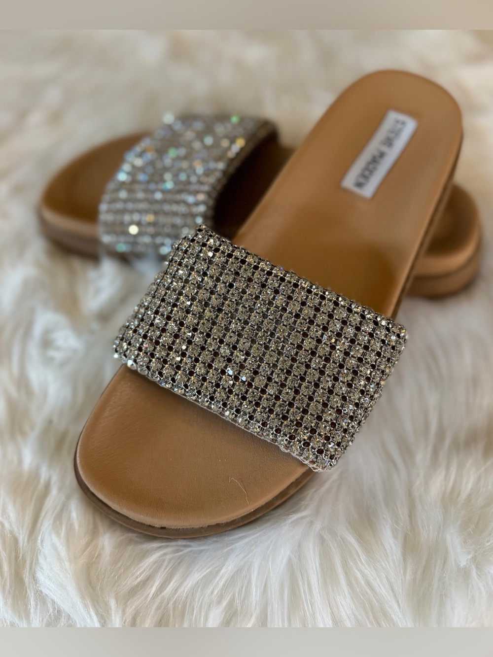 Steve Madden Silver Rhinestone Slide with Tan Footbed